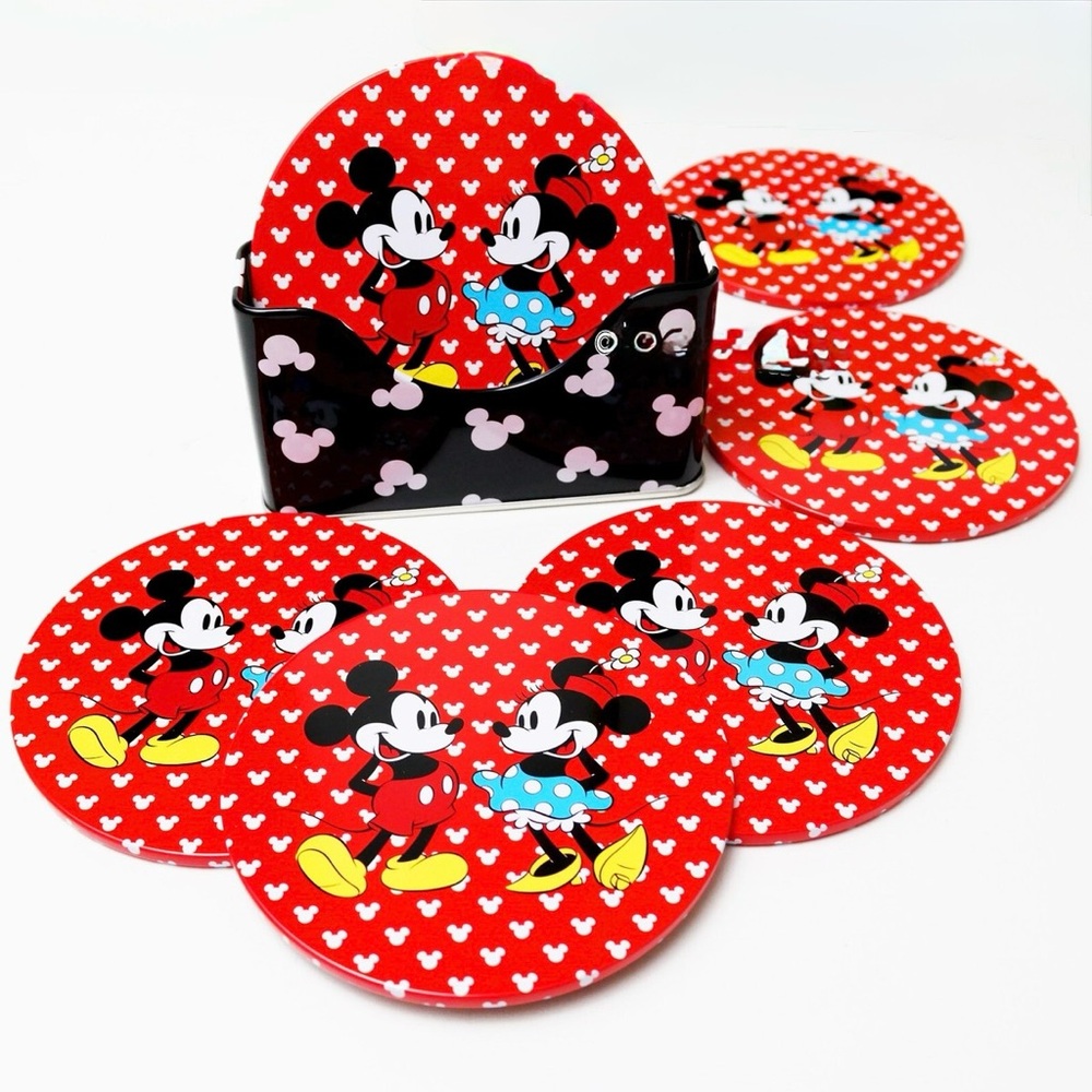 DISNEY Mickey Mouse & Minnie Mouse - Tin / Cork Coaster set of x6 + holder!